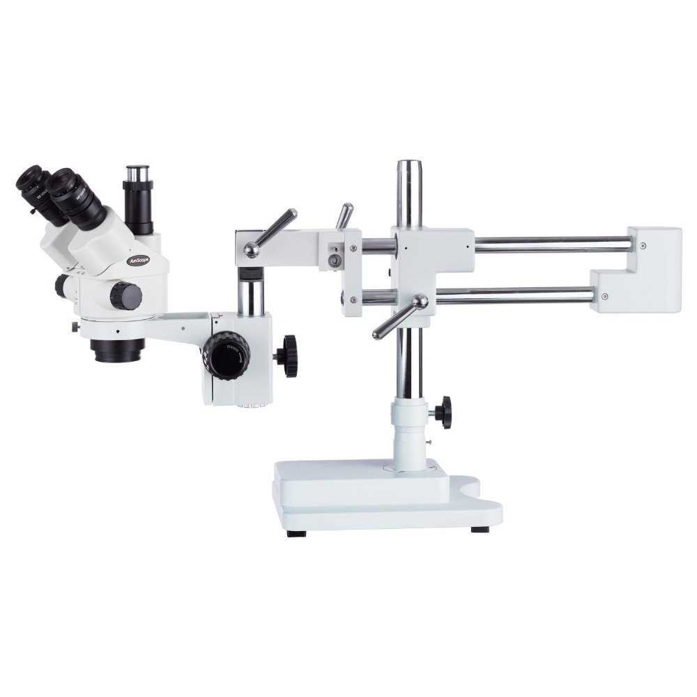 Amscope Microscope Stereo 7X-45X - AmScope SM-4シリーズ シミュルフォーカル ロック式ズーム三眼実体顕微鏡 7X-45X ダブルアームブームスタンド付き